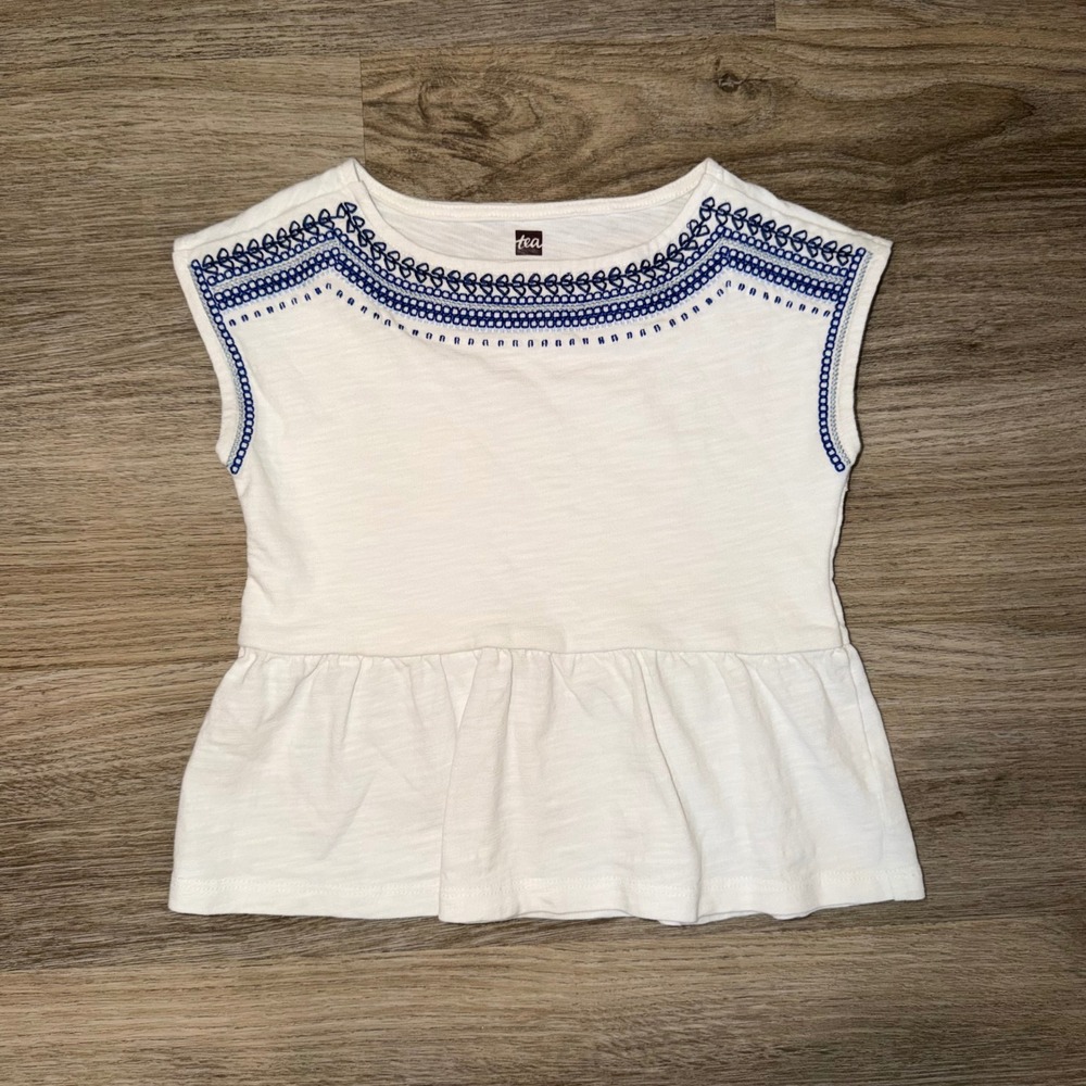 Tea Collection Girls‎ Embroidered Blouse Size 5 White Blue Trim Top